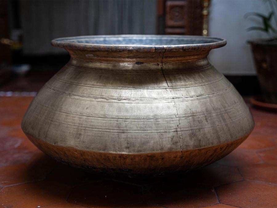 The “dekchi”—a brass cooking pot used to cook “biryani”—owned by Leela Chander, submitted to the Museum of Material Memory by her great-grandson, Vignesh Sivakumar. (Courtesy Museum of Material Memory)