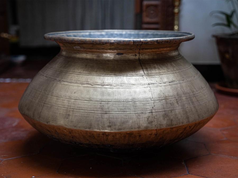 The “dekchi”—a brass cooking pot used to cook “biryani”—owned by Leela Chander, submitted to the Museum of Material Memory by her great-grandson, Vignesh Sivakumar. (Courtesy Museum of Material Memory)