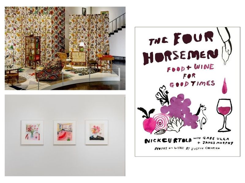 Clockwise from top left: View of “Svenskt Tenn: A Philosophy of Home” (Courtesy Henrik Lundell for Svenskt Tenn); cover of The Four Horsemen: Food and Wine for Good Times (Courtesy Abrams); view of “Still Life with Remorse” (Courtesy the artist and Mary Ryan Gallery)