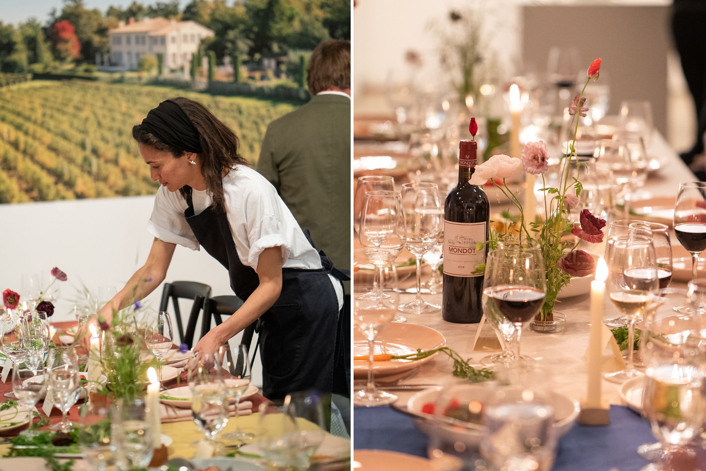 June 2022 | Left: The food artist and chef Laila Gohar prepares a private dinner, hosted by The Slowdown, as a toast to the French winery Château Troplong Mondot. Right: The tablescape.