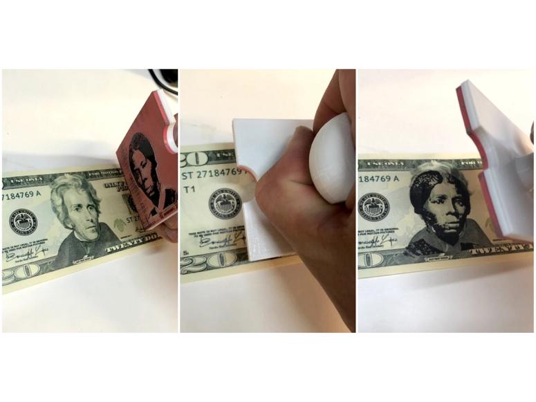 Someone stamping Harriet Tubman's face over Andrew Jackson's in a photo triptych.