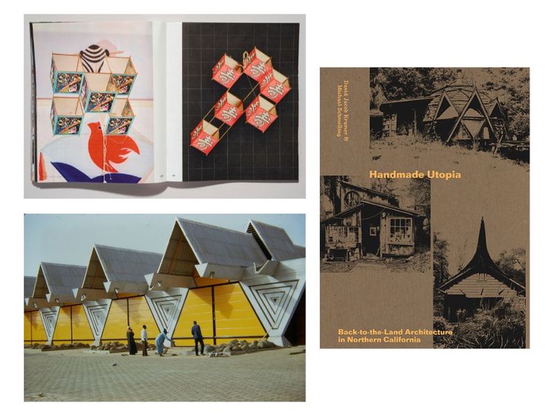 Clockwise from top left: Interior spread from “Mr. Goodman: The Kiteman” (Photo: Scheltens & Abbenes/Courtesy Maharam); cover of “Handmade Utopia” (Courtesy David Jacob Kramer and Michael Schmelling/Edition Patrick Frey/D.A.P.); the Centre International du Commerce Extérieur du Sénégal, one of the buildings featured in “Architects of Liberation” at the Museum of Modern Art (Photo: Michel Fegyveres/Courtesy the Museum of Modern Art)