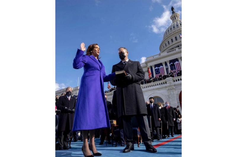 Vice President Kamala Harris wearing a Christopher John Rogers coat at President Biden’s inauguration in January 2021. (Courtesy The White House)