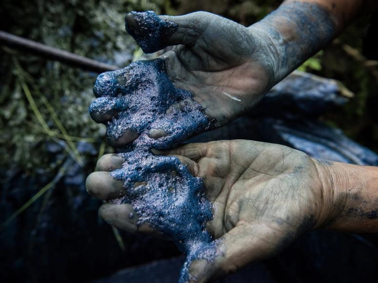 Two hands covered in indigo dye.