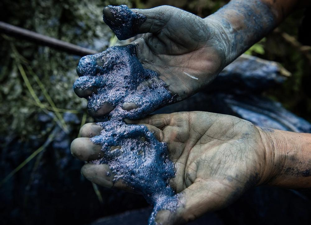 Two hands covered in indigo dye.