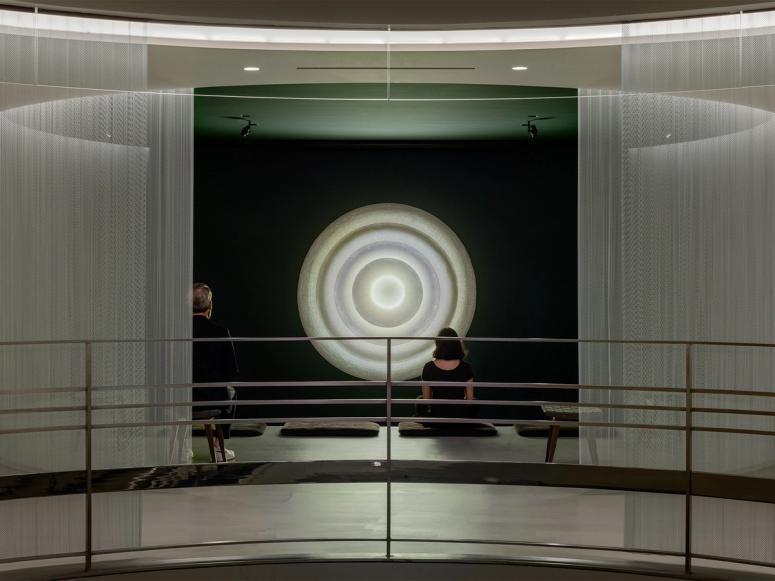 “Untitled (Coalescence)” (2021), an installation made of resin, LED lights, and a microprocessor, by New York–based artist Palden Weinreb in the Rubin Museum’s Mandala Lab. (Photo: Rafael Gamo. Courtesy the Rubin Museum)