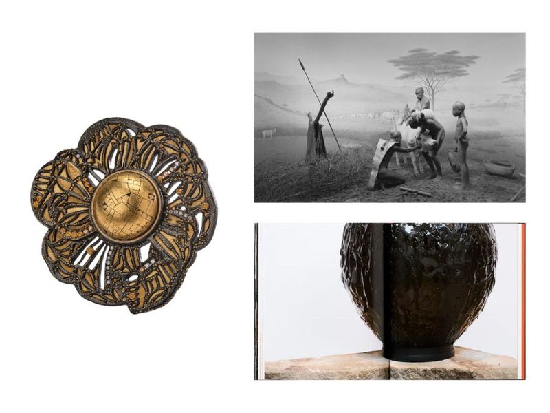 Clockwise from left: “Mosaic Dome Brooch” (1997–1998) by Daniel Brush, one of the works on view in “Daniel Brush: The Art of Line and Light” at L’ÉCOLE, School of Jewelry Arts, Paris (Photo: B. Chelly/Courtesy L'ÉCOLE, School of Jewelry Arts); “Pokot” (2025), part of “Hiroshi Sugimoto: Extinction” at The National Museum of Modern Art, Tokyo (Courtesy the artist and The National Museum of Modern Art, Tokyo); a spread from “Theaster Gates: A Clay Sermon” (Courtesy Whitechapel Gallery)