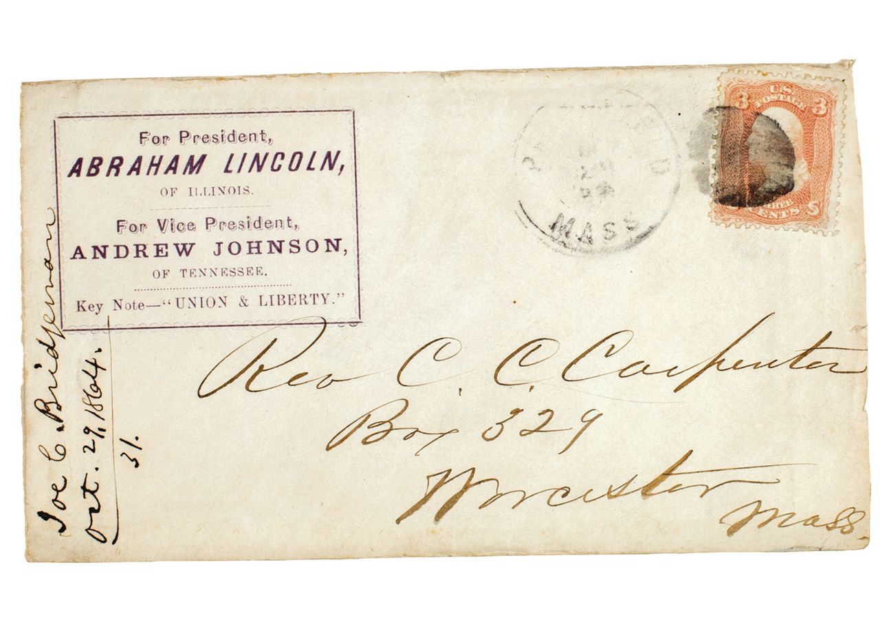 A vintage envelope addressed by former president Abraham Lincoln 