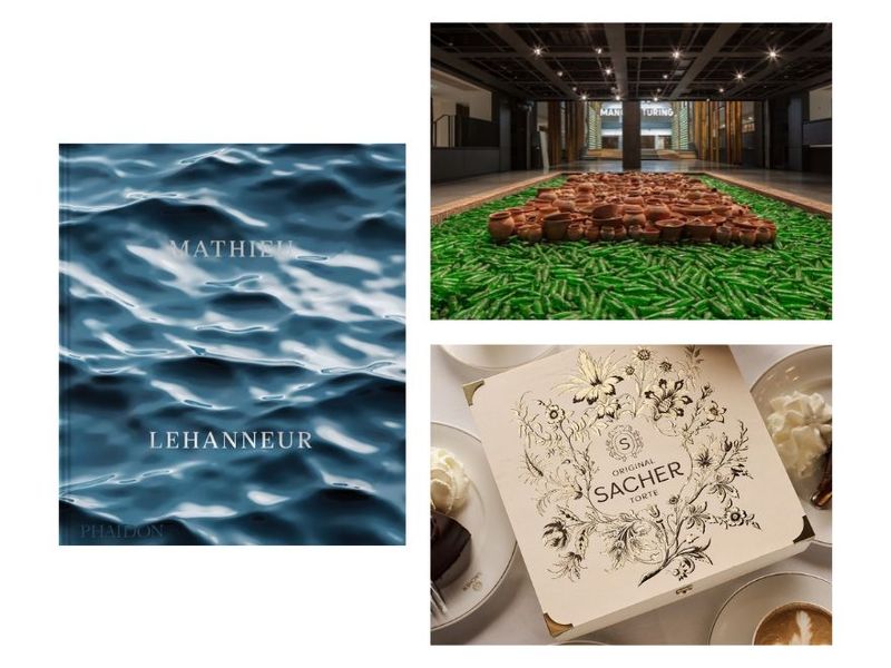 Clockwise from left: Cover of “Mathieu Lehanneur” (Courtesy Phaidon); installation view of “Things Fall Apart” by Ibrahim Mahama, featured in “The Harvest Season” at the Fondation Cartier (Photo: Benoît Fougeirol/Courtesy Fondation Cartier); the 150th anniversary Sacher-Torte box by Aerin Lauder (Courtesy Aerin)