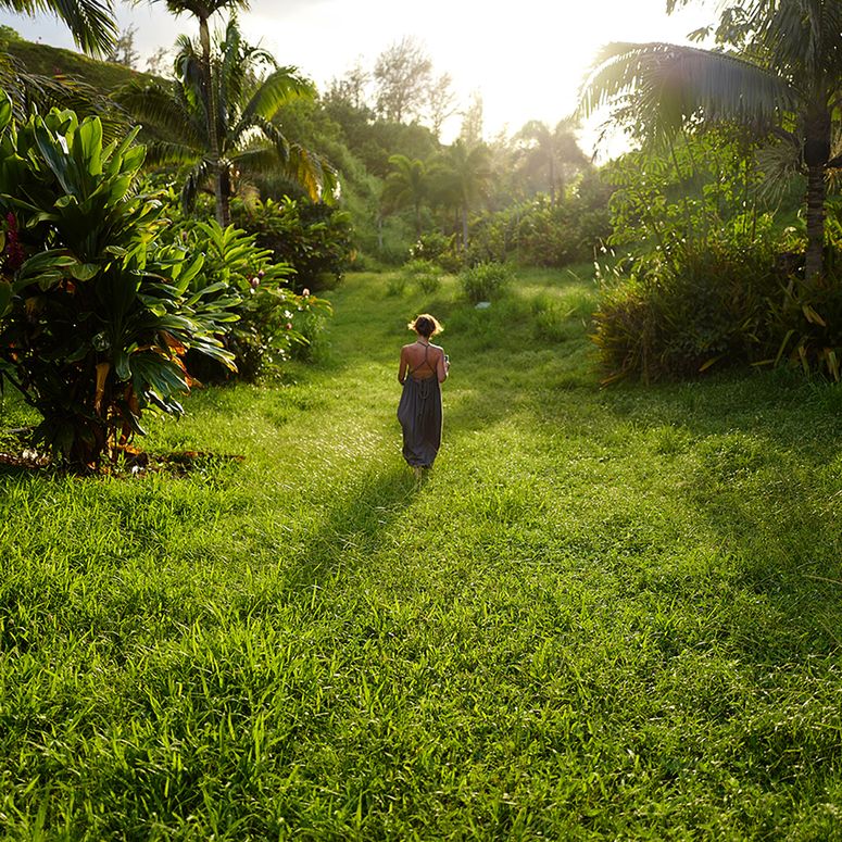 A woman walking in a field surrounded by palm trees.