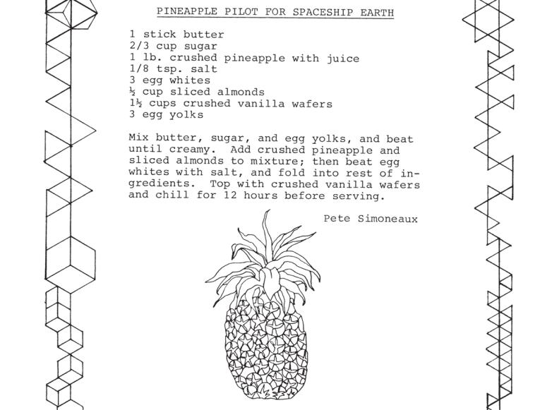 Pete Simoneaux's "Pineapple Pilot for Spaceship Earth" recipe, with an illustration of a pineapple in black and white.