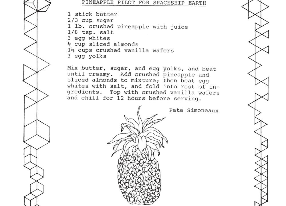 Pete Simoneaux's "Pineapple Pilot for Spaceship Earth" recipe, with an illustration of a pineapple in black and white.