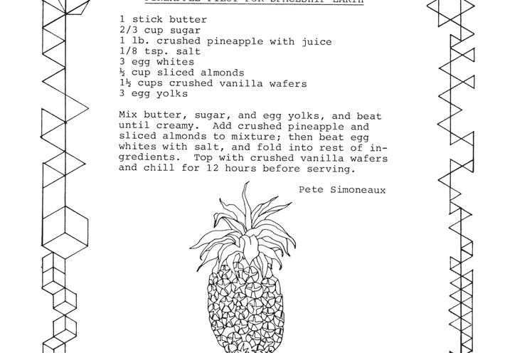 Pete Simoneaux's "Pineapple Pilot for Spaceship Earth" recipe, with an illustration of a pineapple in black and white.