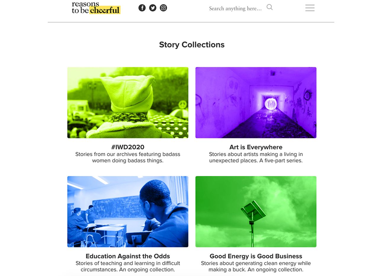 Story collections on the Reasons to be Cheerful website.
