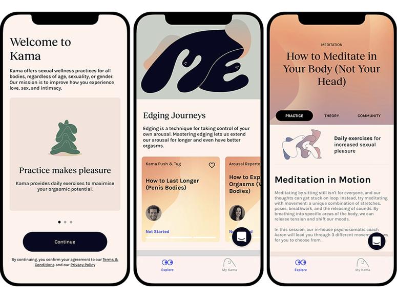 Screens from the Kama app featuring suggestions and techniques.