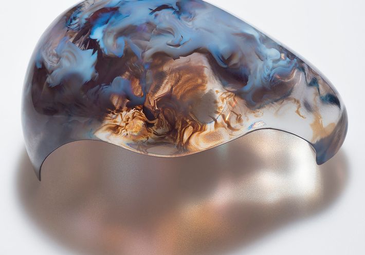 A blue, brown, and translucent sculpture by Neri Oxman.