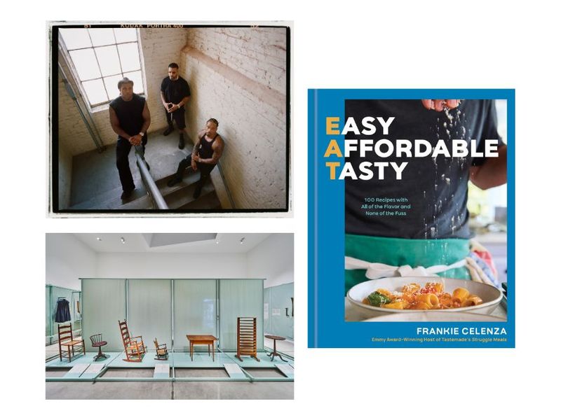 Clockwise from top left: Jon Gray, Lester Walker, and Pierre Serrao of Ghetto Gastro (Photo: Joshua Woods. Courtesy Ghetto Gastro); cover of “EAT: Easy, Affordable, Tasty” (Courtesy Union Square & Co.); view of “The Shakers: A World in the Making” at the Vitra Design Museum (Photo: Bernhard Strauss. Courtesy the Vitra Design Museum)
