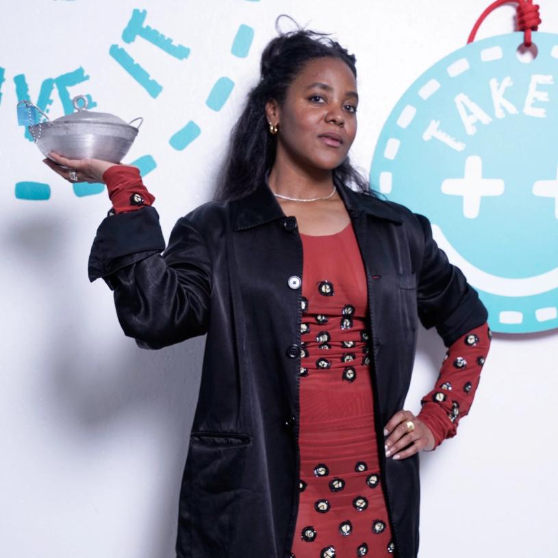 Apple design strategist Alyse Archer-Coite with the metal bowl she won at “Take It or Leave It.” (Photo: Mattia Gargioni)