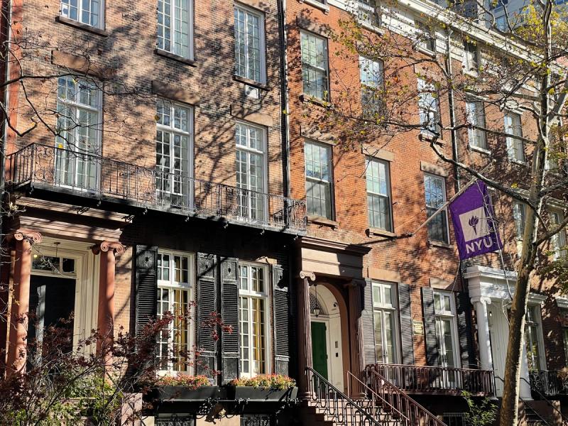 The row of south-facing townhouses along Washington Square North, many of them now owned by N.Y.U. (Photo: Spencer Bailey)