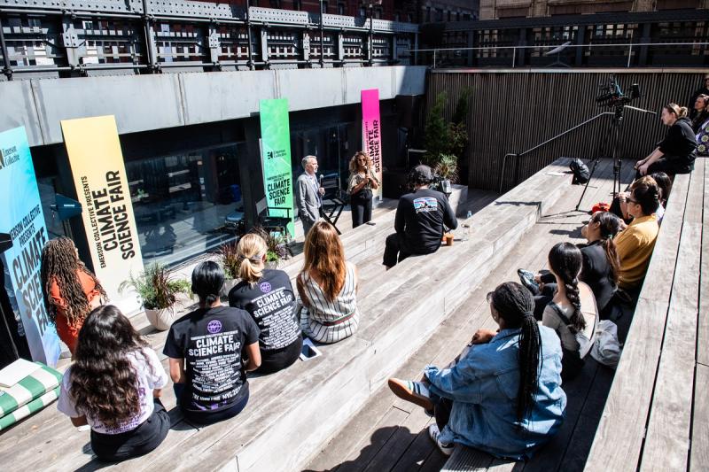 Dan Tangherlini and Sara Zewde speaking on day one of the Climate Science Fair. (Courtesy Emerson Collective)