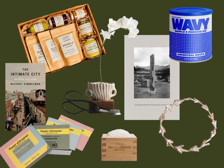 Clockwise from top left: “The Essentials” from Eleven Madison Home, Ikebana Kit Box from Space of Time, “Conversations with Noguchi,” Ghetto Gastro Ancestral Roots waffle and pancake mix, Gohar World Host Necklace, Rice Factory New York rice, Papier d’Arménie “Discovery Box,” and Michael Kimmelman’s “The Intimate City.”