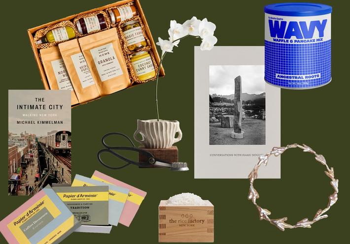 Clockwise from top left: “The Essentials” from Eleven Madison Home, Ikebana Kit Box from Space of Time, “Conversations with Noguchi,” Ghetto Gastro Ancestral Roots waffle and pancake mix, Gohar World Host Necklace, Rice Factory New York rice, Papier d’Arménie “Discovery Box,” and Michael Kimmelman’s “The Intimate City.”