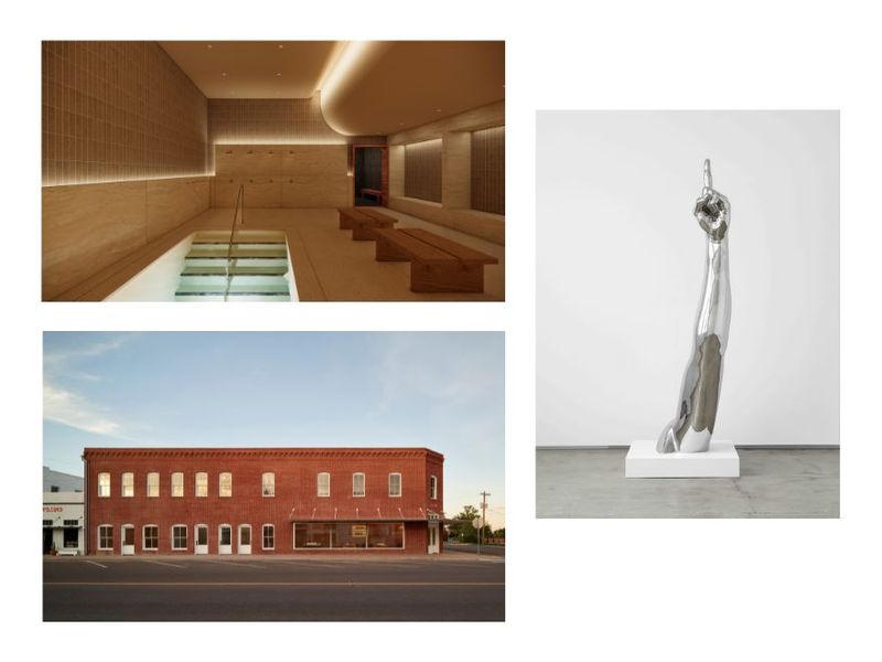 Clockwise from top left: A rendering of the cold plunge at Lore Bathing Club (Courtesy Lore Bathing Club); Hank Willis Thomas’s sculpture “E Pluribus Unum” (2020), featured in the exhibition “I Am Many” at Jack Shainman Gallery (Photo: Dan Bradica Studio/Courtesy the artist and Jack Shainman Gallery, New York); exterior of Donald Judd’s Architecture Office in Marfa, Texas, post-restoration (Photo: Matthew Millman. Courtesy Judd Foundation)