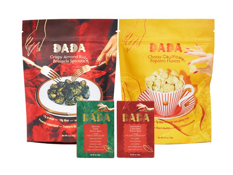 An assortment of brightly colored Dada snack packs.