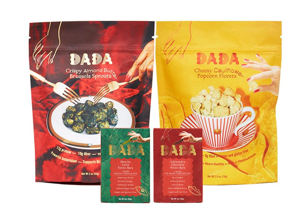 An assortment of brightly colored Dada snack packs.