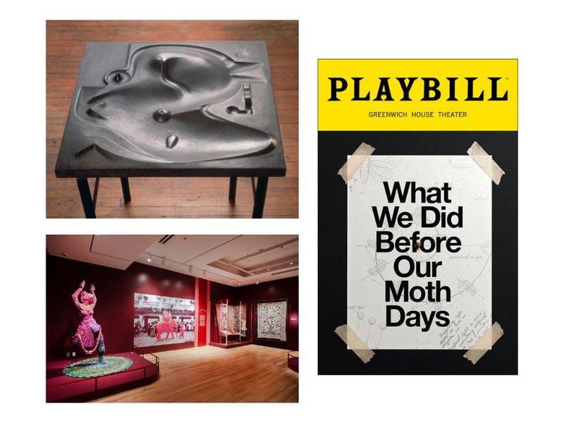 Clockwise from top left: Model for Isamu Noguchi’s “Contoured Playground” proposal (Photo: Bill Taylor/Courtesy the artist, The Isamu Noguchi Foundation and Garden Museum, and the Artists Rights Society); playbill for Wallace Shawn and André Gregory’s “What We Did Before Our Moth Days” (Courtesy Playbill); installation view of “The New York Sari” at The New York Historical (Photo: Glenn Castellano/Courtesy The New York Historical)