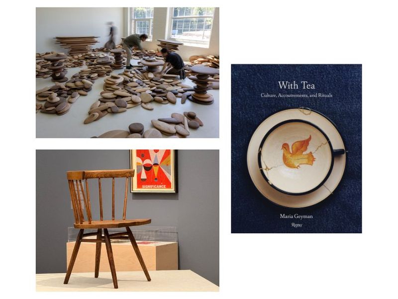 Clockwise from top left: The installation of Christopher Kurtz’s 4,000 hand-carved wood “skipping stones,” shown as part of his “Badlands” exhibition at Sarah Myerscough Gallery (Courtesy the artist and Sarah Myerscough Gallery); cover of “With Tea” by Maria Geyman (Courtesy Rizzoli); installation view of “Noguchi to Asawa: Designing Postwar America” at the Barnes Foundation (Photo: Spencer Bailey)