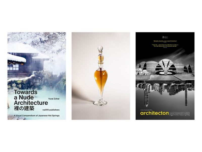 From left: Cover of “Towards a Nude Architecture” (Courtesy Nai010); “Her Scent of Mystery,” the perfume developed by Marissa Zappas, featured in the namesake exhibition at Olfactory Art Keller (Photo: Rebekah Delaney/Courtesy Jas Brooks and Olfactory Art Keller); cover art for the new film “Architecton” (Courtesy IMDb)
