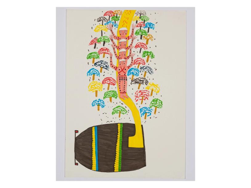 “Xapiri” descending into the house of the shamans, drawn by Joseca Mokahesi in 2003. (Courtesy the artist and Bruce Albert)