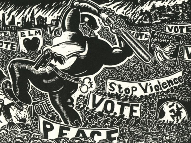 Black and white illustration of a policeman walking on top of a crowd of peaceful protestors holding signs