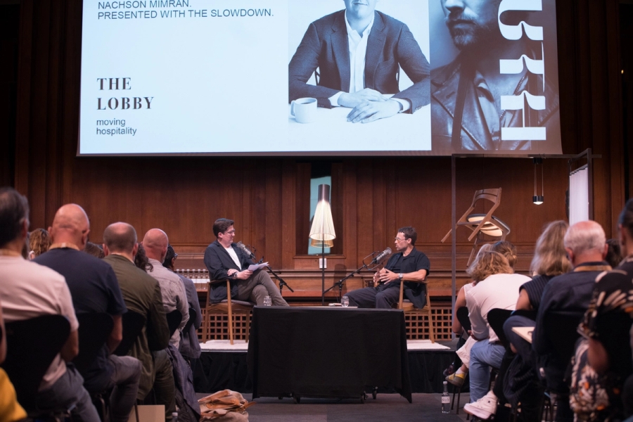 September 2024 | Nachson Mimran (right) and The Slowdown’s editor-in-chief, Spencer Bailey, record Ep. 122 of the Time Sensitive podcast in front of a live audience at The Lobby “hospitality event” in Copenhagen. (Photo: Nedergaard Film)