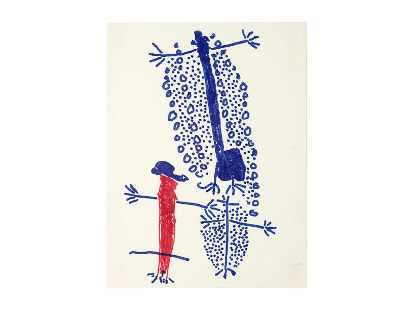 The demiurge Omama (red) and his son (bottom), and Omama’s evil brother Yoasi and his pregnant calf (top), drawn by Poraco Hɨko between 1976 and 1977. (Courtesy the artist and Claudia Andujar)