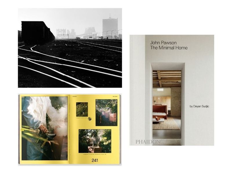Clockwise from top left: “Railroad Yards, South Chicago” (1966), a photograph by David Plowden featured in the exhibition “If Emmett Till Lived” at the Museum of Contemporary Photography (Courtesy the Museum of Contemporary Photography); cover of “John Pawson: The Minimal Home” by Deyan Sudjic (Courtesy Phaidon); interior spread from “Pleasure Principles: An Almanac From the Garden” by Richard Christiansen (Courtesy Chronicle Books)