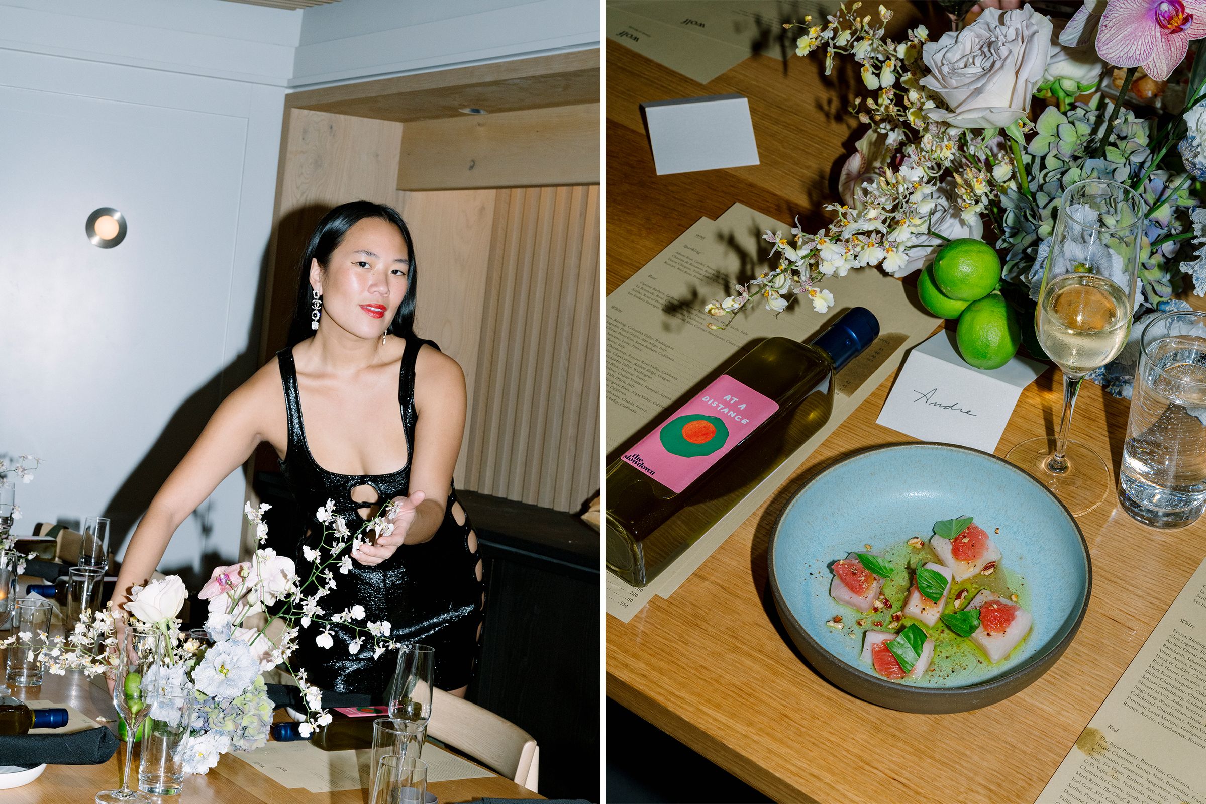 December 2022 | Left: Beverly Nguyen arranges the table at the Nordstrom restaurant Wolf before guests arrive to celebrate the launch of our “At a Distance book.” Right: The tablescape. (Photo: Sean Davidson)