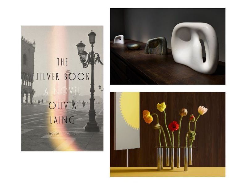 Clockwise from left: Cover of “The Silver Book” by Olivia Laing (Courtesy Farrar, Straus & Giroux); installation view of “Kan Yasuda: Forms of the Unconscious” at Ippodo Gallery (Photo: Douglas Dubler/Courtesy Ippodo Gallery); the “Pompei” vase, part of Molteni&C’s Gio Ponti Objects collection (Photo: Aaron Tilley/Courtesy Molteni&C)