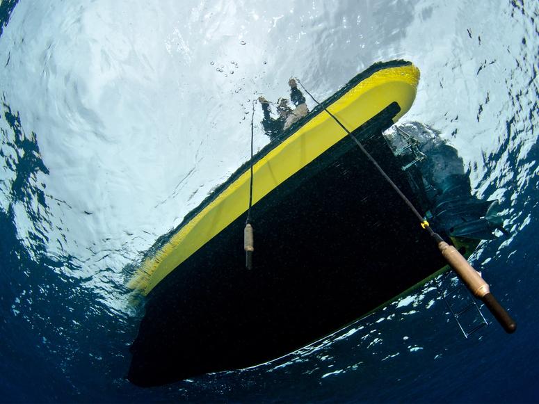 Jana Winderen using a hydrophone to record underwater in the Dominican Republic. (Photo: José Alejandro Alvarez)