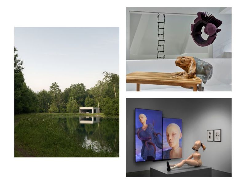 Clockwise from left: Exterior view of Vipp Pavilion (Photo: Eric Petschek/Courtesy Vipp); installation view of “Hella Jongerius: Whispering Things” at Vitra Design Museum (Photo: Bernhard Strauss/Courtesy Vitra Design Museum); installation view of “New Humans: Memories of the Future” at the New Museum (Photo: Dario Lasagni/Courtesy New Museum)