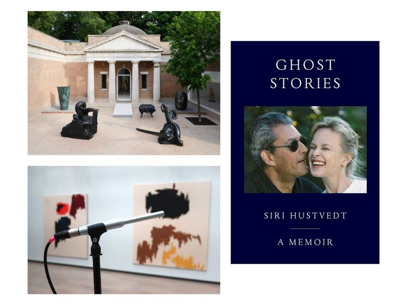 Clockwise from top left: Installation view of “Call Me the Breeze,” Alma Allen’s solo presentation at the Venice Biennale (Photo: Tanguy Beurdeley/Courtesy the artist and Perrotin); cover of Ghost Stories by Siri Hustvedt (Courtesy Simon & Schuster); installation view of “Still in Sound” at the Clyfford Still Museum (Courtesy Clyfford Still Museum)