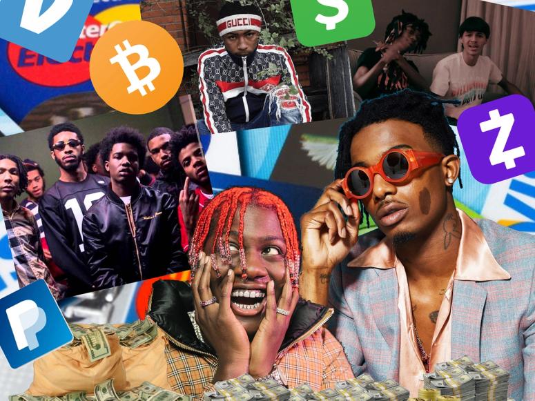 A digital collage featuring scam rap stars, financial app logos, and piles of bitcoin tokens and U.S. dollars.