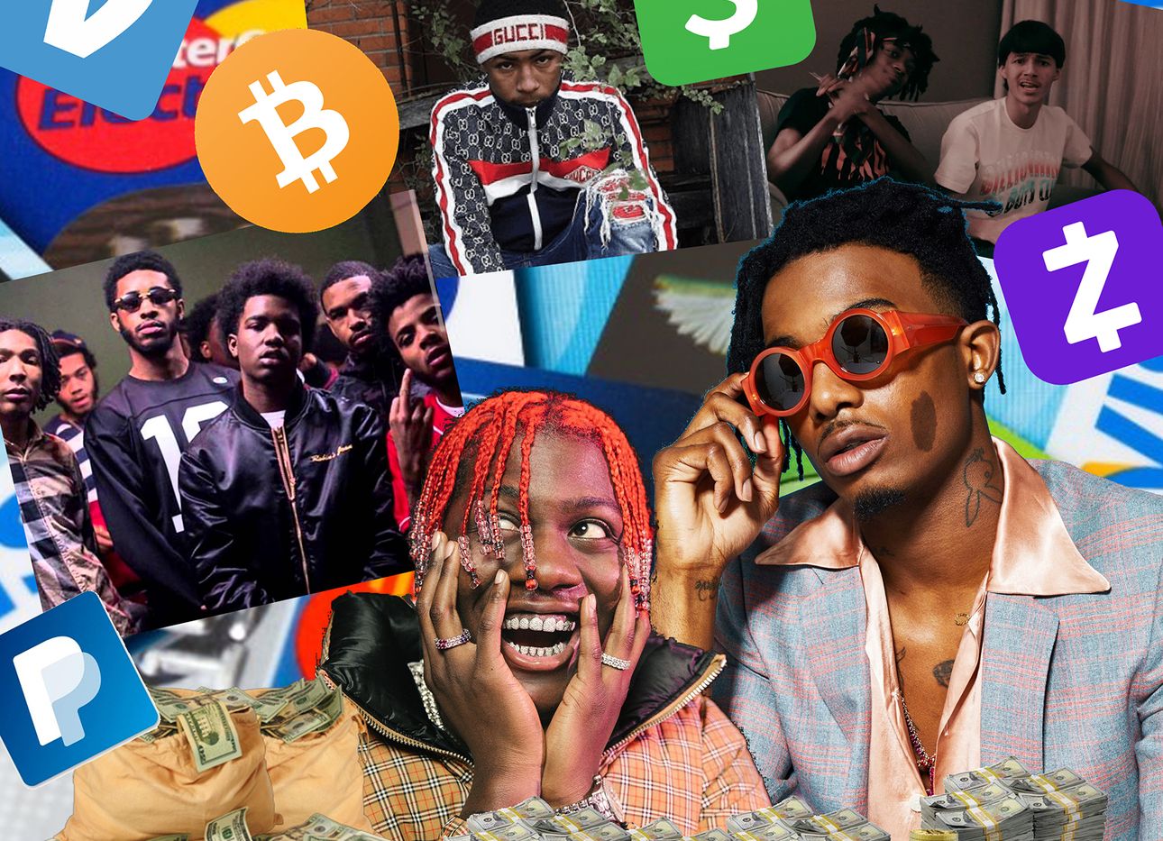 A digital collage featuring scam rap stars, financial app logos, and piles of bitcoin tokens and U.S. dollars.