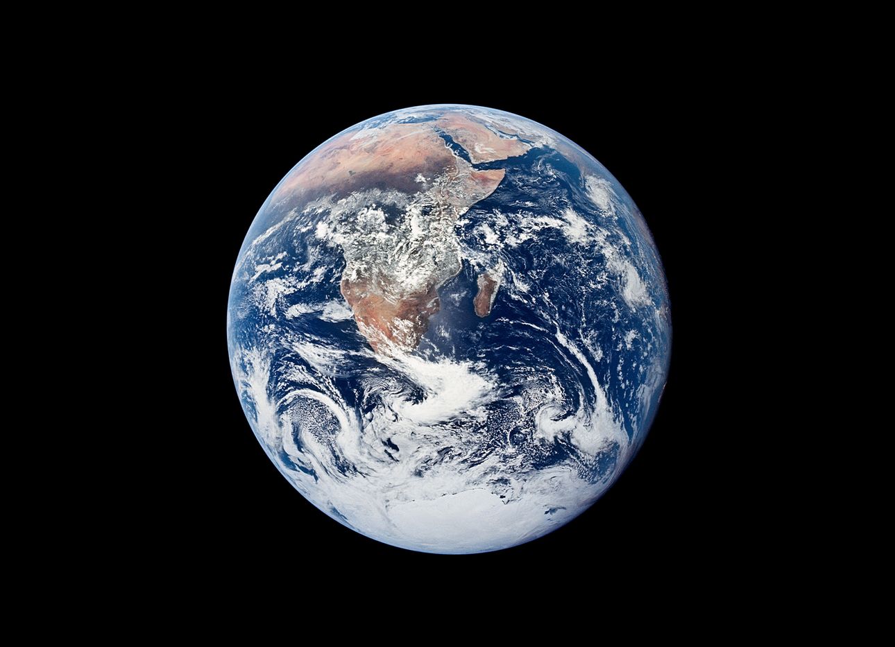 The classic “Blue Marble” image of the Earth, taken by the Apollo 17 crew on Dec. 7, 1972. (Courtesy NASA)
