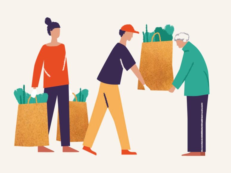 An illustration of two younger adults sharing a bag of groceries with an older adult.