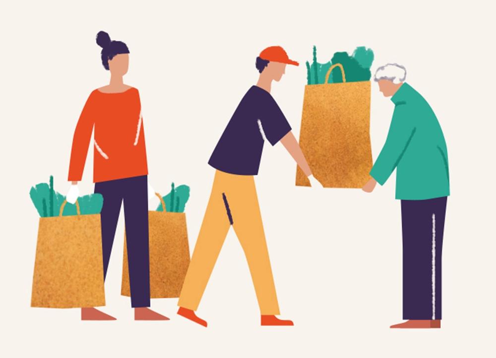 An illustration of two younger adults sharing a bag of groceries with an older adult.
