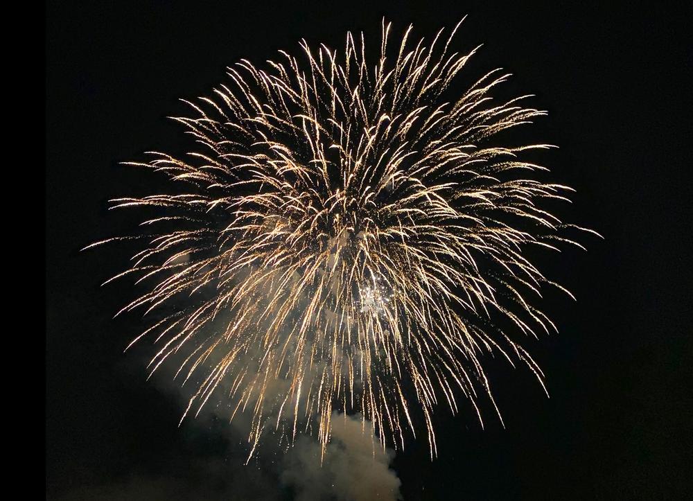 A large white fireworks explosion in a black sky.