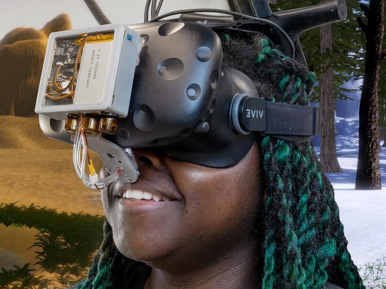 A trigeminal-based temperature illusion device developed by Jas Brooks, Steven Nagels, and Pedro Lopes. (Courtesy Jas Brooks)