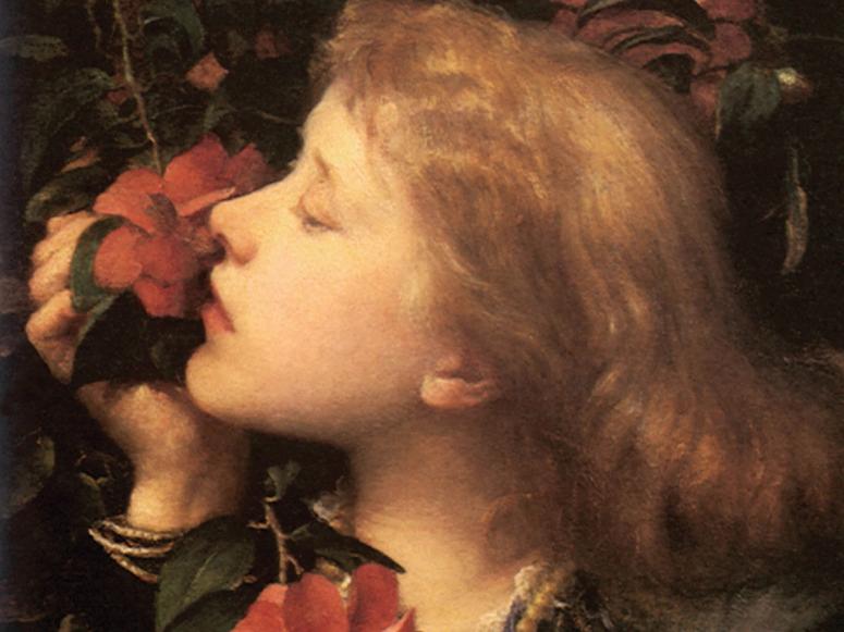 A painting depicts a young woman smelling a red flower.